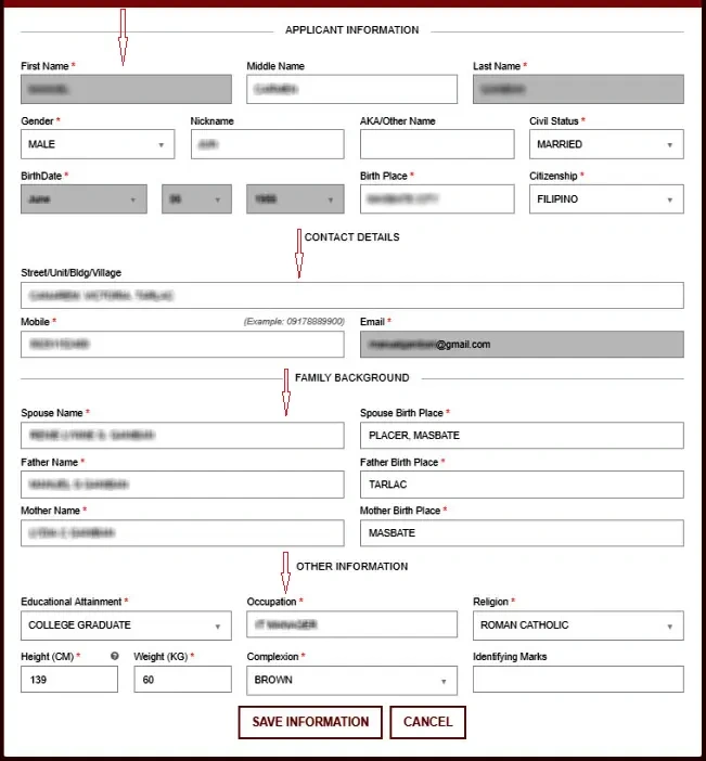 NBI applicant profile form in the online portal