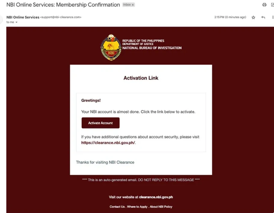 After adding the OTP, you will receive an activation link with a button labeled “Activate Account“. Click it. Now you need to log in to your account. NBI online membership services account verification screen