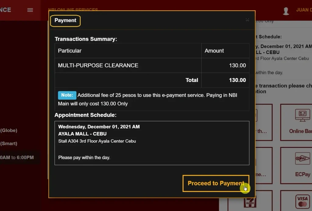 NBI appointment schedule and online payment booking screen